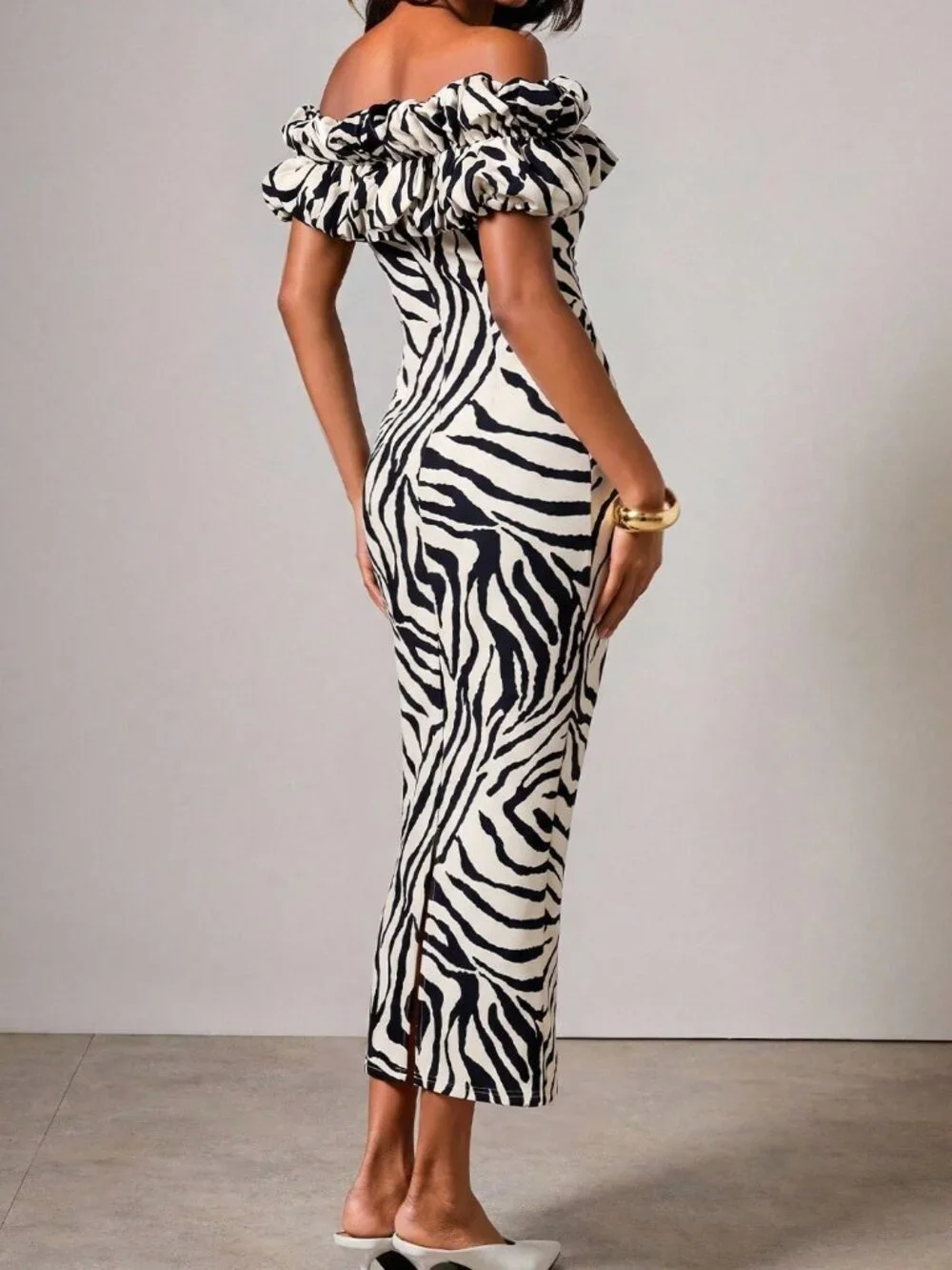 Elegant Women's Zebra Print Ruffle off shoulder design body fitted midi Dress - Picture 2 of 6